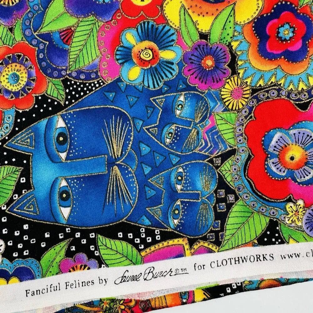 HTF RARE Fanciful Felines Laurel Burch Clothworks Cats Flowers Fabric 2 yards!